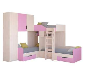 Двухъярусная кровать Трио 1 80х190 цвета Дуб молочный-розовый
