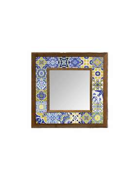 Настенное зеркало 33х33 с каменной мозаикой сине-желтого цвета