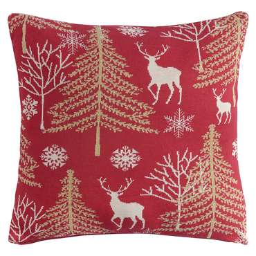 Подушка вязаная с новогодним рисунком Winter fairytale 45х45 красного цвета