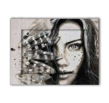 Картина с арт рамой Женщина с перьями 60х80 серого цвета