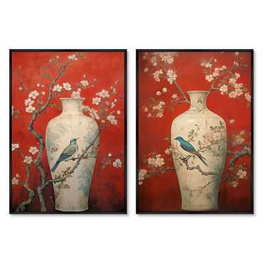 Набор из двух репродукций картин China porcelain vase, red palette, 2024г.