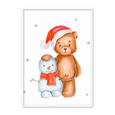 Постер на холсте в рамке Медвеженок и Снеговик 30х40 см