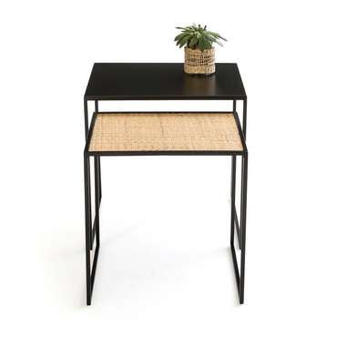 Комплект из двух журнальных столов из металла и плетеного материала Rosali черного цвета