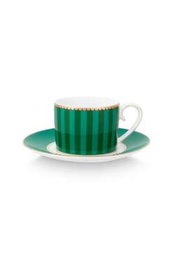 Набор из двух чашек для эспрессо с блюдцами Love Birds Stripes Emerald-Green бело-зеленого цвета