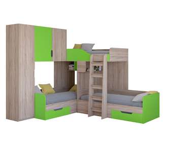 Двухъярусная кровать Трио 1 80х190 цвета Дуб Сонома-салатовый