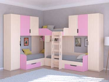 Двухъярусная кровать Трио 3 80х190 цвета Дуб молочный-розовый