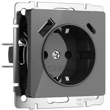 Розетка с заземлением, шторками и USB тип A+C графит акрил W1171744 Встраиваемые механизмы графит акриловые