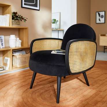 Кресло из велюра и плетеной отделкой Buisseau серо-бирюзового цвета