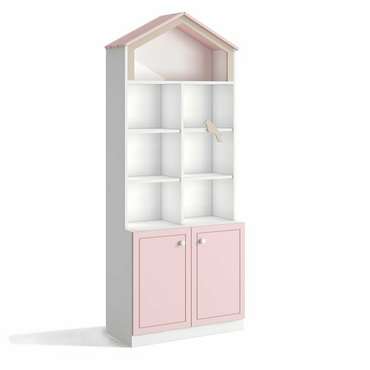 Книжный шкаф Кошкин дом бело-розового цвета с дверцами
