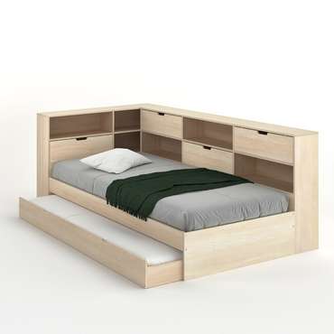 Кровать с ящиком отделениями для вещей и кроватным основанием Yann 90x190 бежевого цвета
