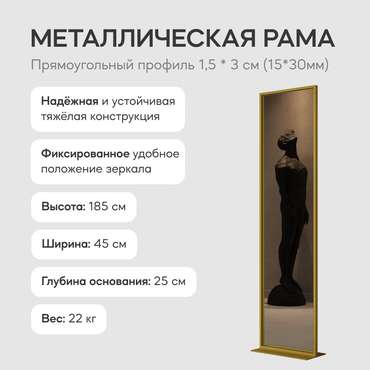 Напольное одностороннее зеркало Zeliso-I в металлической раме золотого цвета