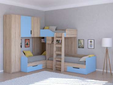 Двухъярусная кровать Трио 1 80х190 цвета Дуб Сонома-голубой