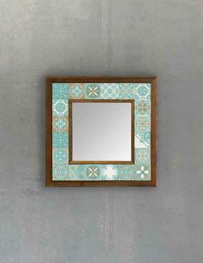 Настенное зеркало 33х33 с каменной мозаикой бирюзово-белого цвета