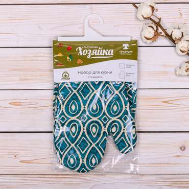 Набор для кухни 2 предмета 'Радушная хозяйка (Традиция)' (рукавичка-прихватка, прихватка), рогожка, 100% хлопок, 'Орнамент синий'
