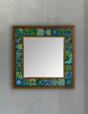 Настенное зеркало 43x43 с каменной мозаикой сине-зеленого цвета