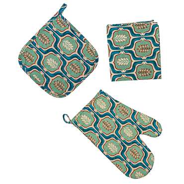 Набор для кухни 3 предмета 'Радушная хозяйка (Традиция)' (рукавичка-прихватка, прихватка, полотенце), 100% хлопок, 'Листья'