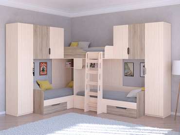 Двухъярусная кровать Трио 3 80х190 цвета Дуб молочный-Дуб Сонома