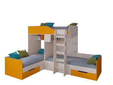 Двухъярусная кровать Трио 80х190 цвета Дуб молочный-оранжевый
