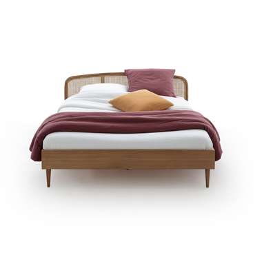 Кровать из дуба и плетеного материала с реечным основанием Buisseau 140x190 бежевого цвета