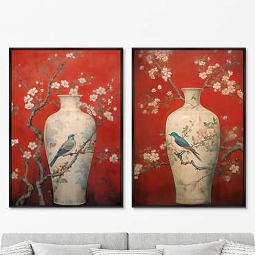 Набор из двух репродукций картин China porcelain vase, red palette, 2024г.