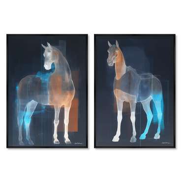 Набор из двух репродукций картин Horses in a color glow, 2024г.