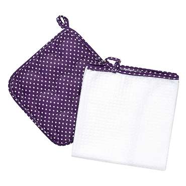 Набор для кухни 2 предмета (полотенце 35х60 с окантовкой, прихватка 18х18), 100% хлопок, 'Горошек (фиолетовый)'