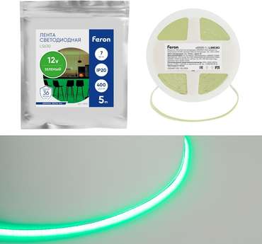 Светодиодная COB лента 400SMD(2110)/ 7Вт/м 12V зеленый Feron LS630 48951
