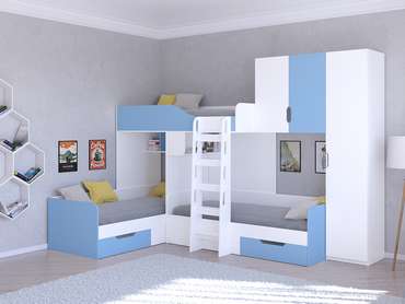 Двухъярусная кровать Трио 2 80х190 бело-голубого цвета