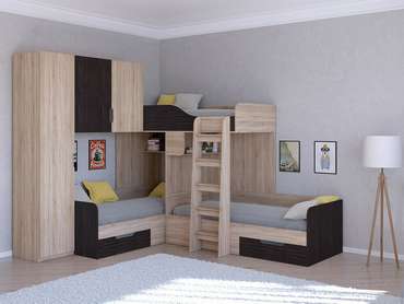 Двухъярусная кровать Трио 1 80х190 цвета Дуб Сонома-Венге