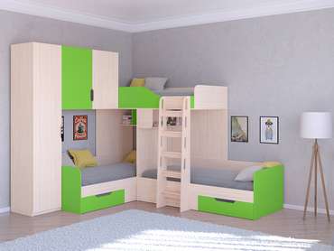 Двухъярусная кровать Трио 1 80х190 цвета Дуб молочный-салатовый