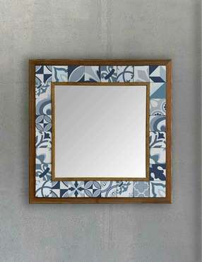 Настенное зеркало с каменной мозаикой 43x43 сине-белого цвета 