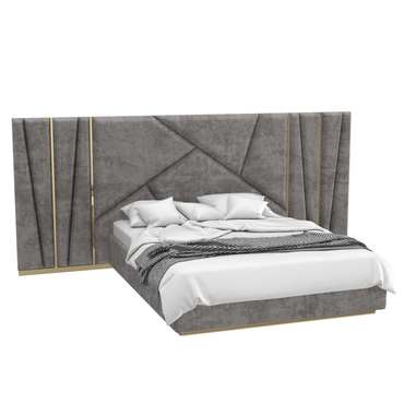 Кровать Afsana 160х200 светло-серого цвета с золотыми молдингами и подъемным механизмом