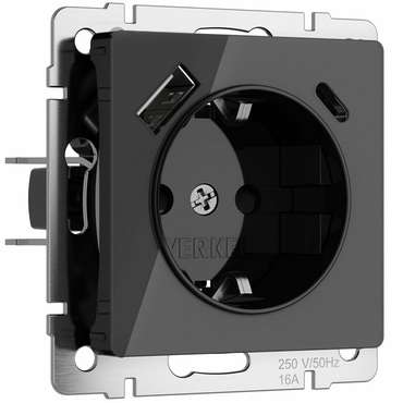 Розетка с заземлением, шторками и USB тип A+C черный акрил W1171748 Встраиваемые механизмы черные акриловые