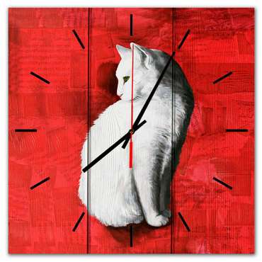 Настенные часы Белая кошка 30х30 красного цвета