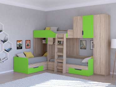 Двухъярусная кровать Трио 2 80х190 цвета Дуб Сонома-салатовый