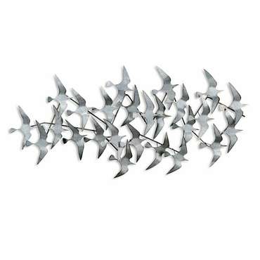 Настенный декор ручной работы Птицы 59х124 из металла серебряного цвета
