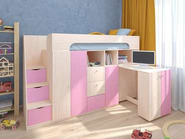 Кровать-чердак Астра 11 80х190 цвета Дуб молочный-розовый
