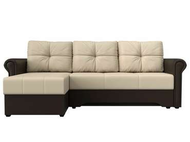 Угловой диван-кровать Леон бежево-коричневого цвета (экокожа) левый угол