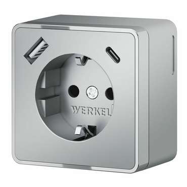 Розетка с заземлением, шторками и USB тип A+C Gallant серебряный W5071706 Накладные механизмы Gallant серебряные