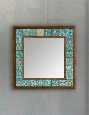 Настенное зеркало 43x43 с каменной мозаикой бирюзово-бежевого цвета