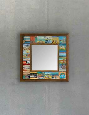 Настенное зеркало 33x33 с каменной мозаикой желто-голубого цвета