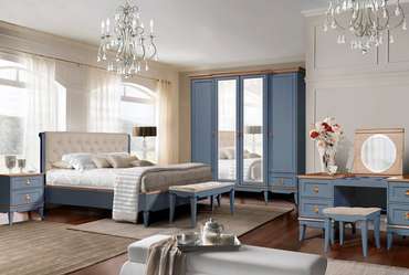 Кровать Стюарт 160х200 серо-синего цвета с бежевым изголовьем