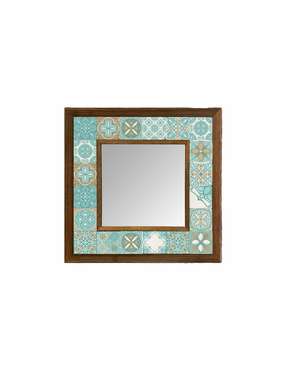 Настенное зеркало 33х33 с каменной мозаикой бирюзово-белого цвета