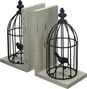 Набор из двух держателей для книг Птичка в клетке бело-черного цвета           