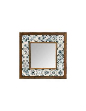 Настенное зеркало 33x33 с каменной мозаикой бело-синего цвета