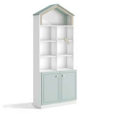 Книжный шкаф Кошкин дом бело-голубого цвета с дверцами