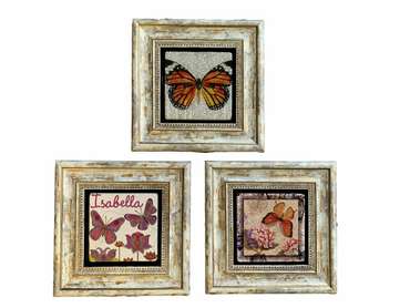 Набор из трех картин на камне Бабочки 20x20 3CDD-80 в раме серо-бежевого цвета