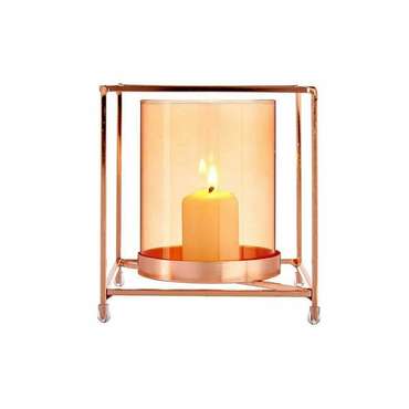 Подсвечник Квадратный Медь Янтарь 14 x 15,5 x 14 cm Позолоченный Металл Cтекло