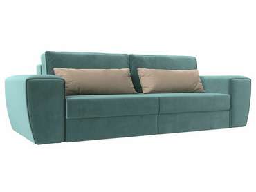 Прямой диван-кровать Лига 008 бирюзового цвета с бежевыми подушками