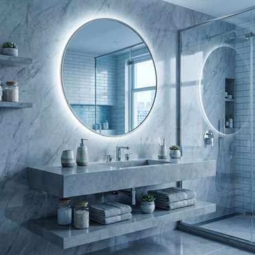 Настенное зеркало Ala L D90 в раме серебряного цвета с подсветкой